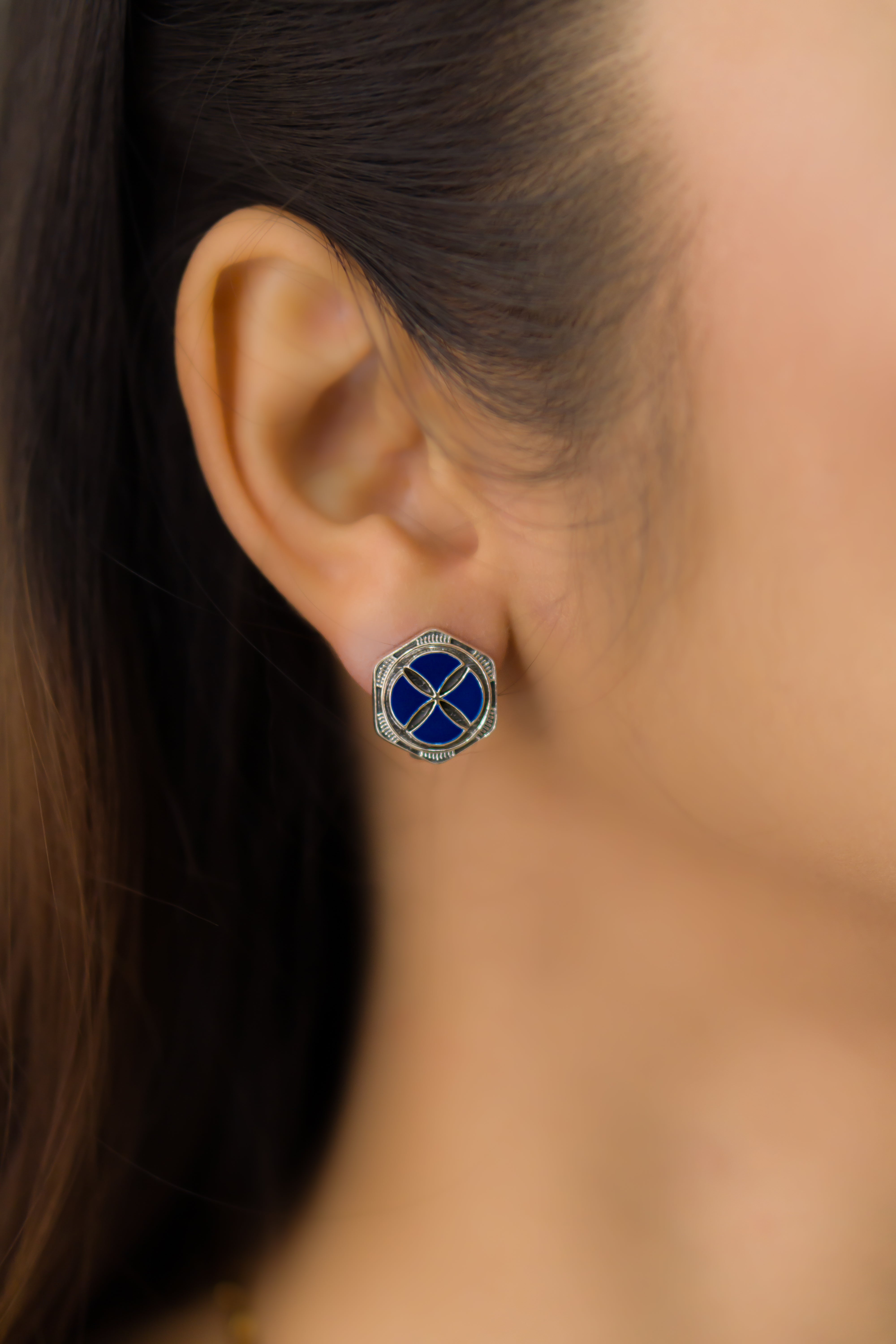 HEXA BLUE ENAMEL SMALL EARRINGS OXIDISED
