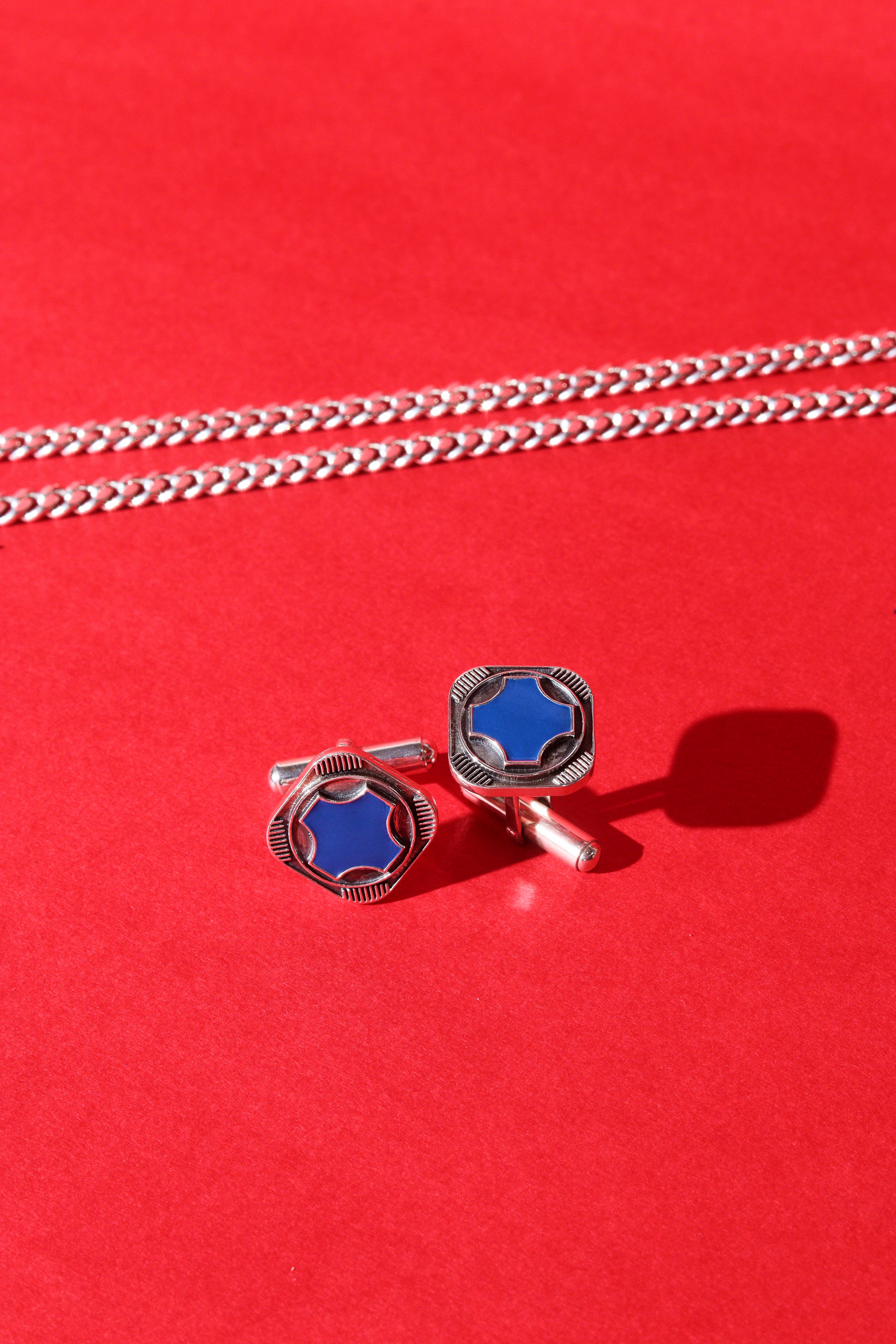 QUADRI QUAD MEN'S CUFFLINKS PAIR IN OXIDISED FINISH (BLUE ENAMEL)