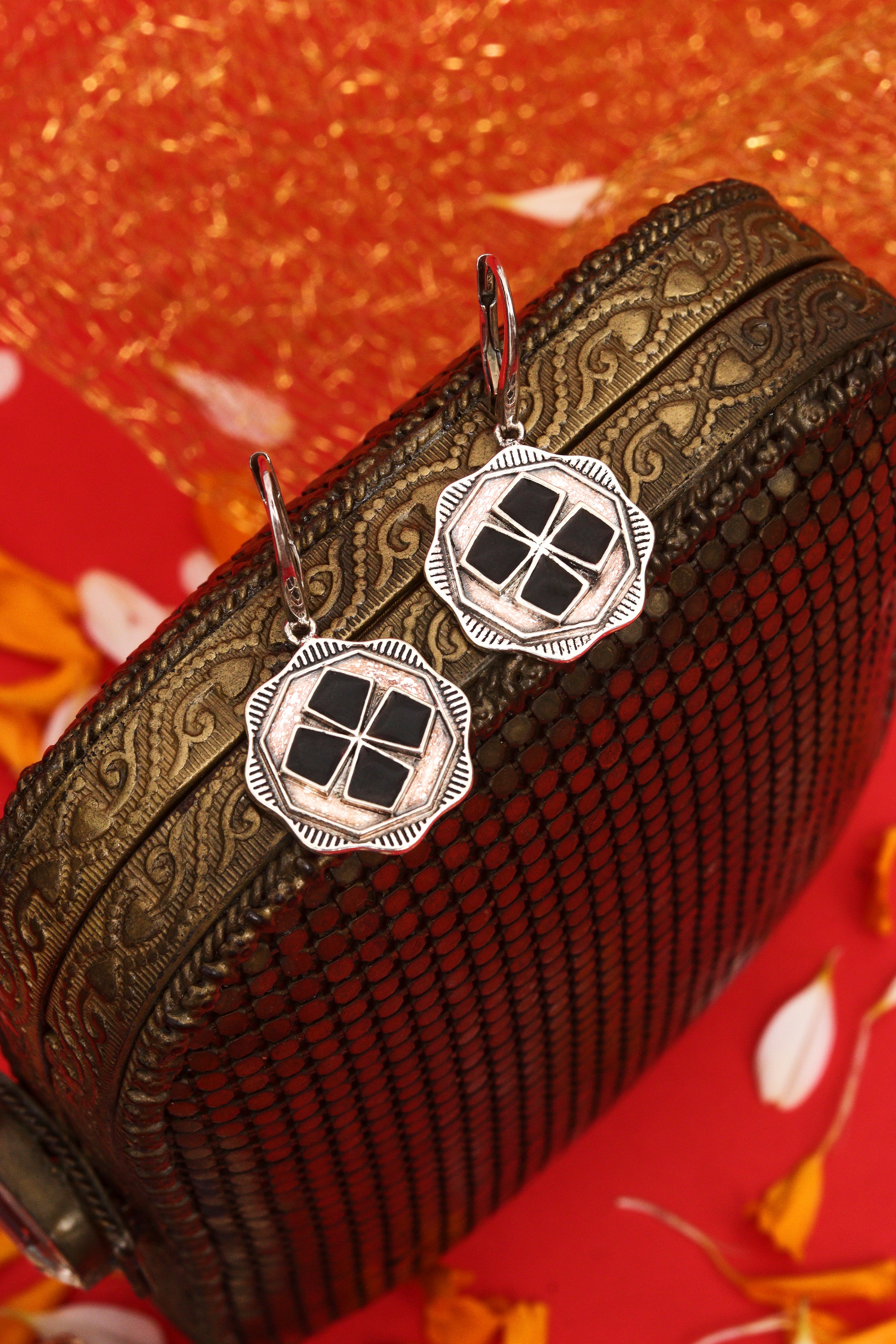 HEXA BLACK ENAMEL LONG EARRINGS OXIDISED