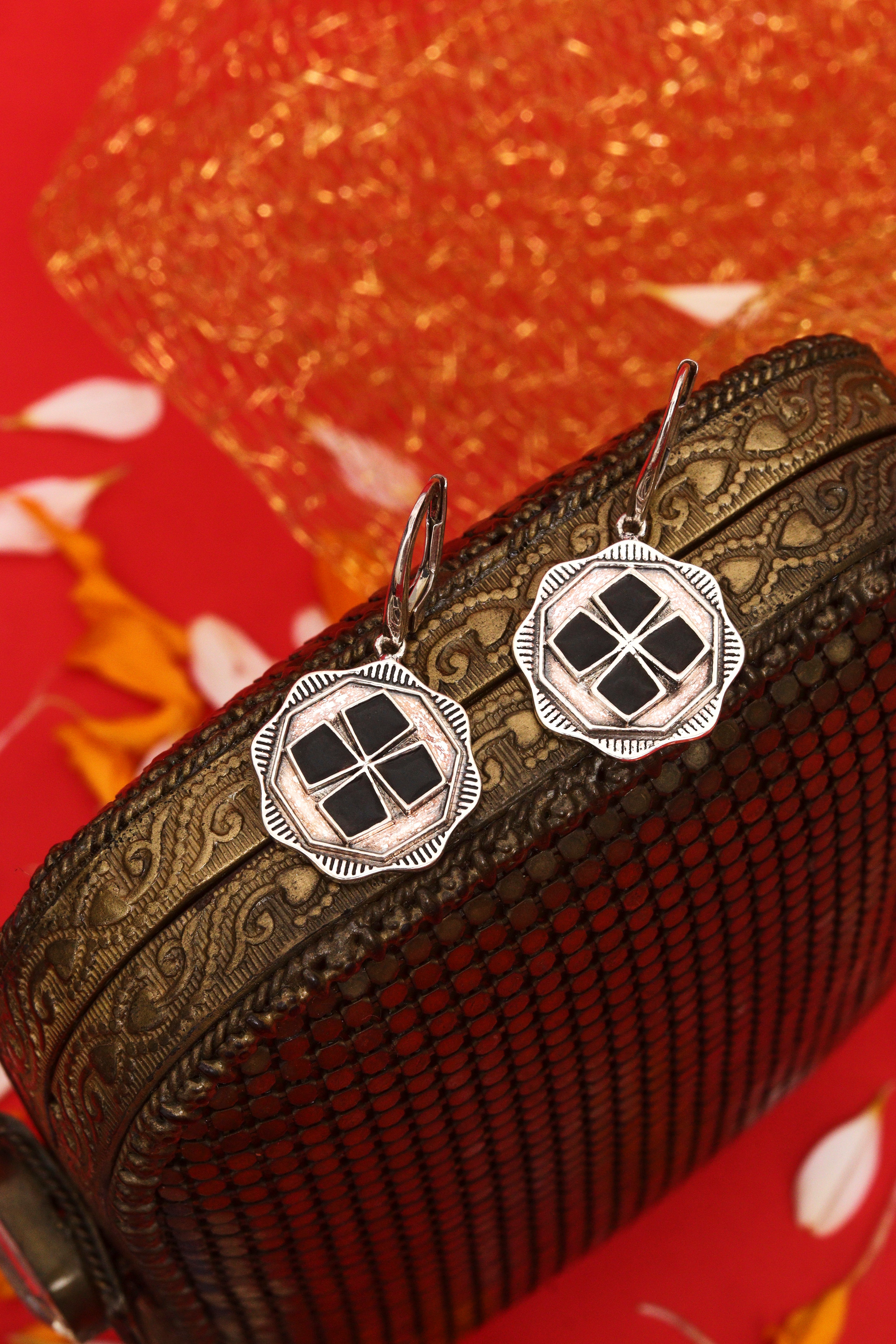 HEXA BLACK ENAMEL LONG EARRINGS OXIDISED