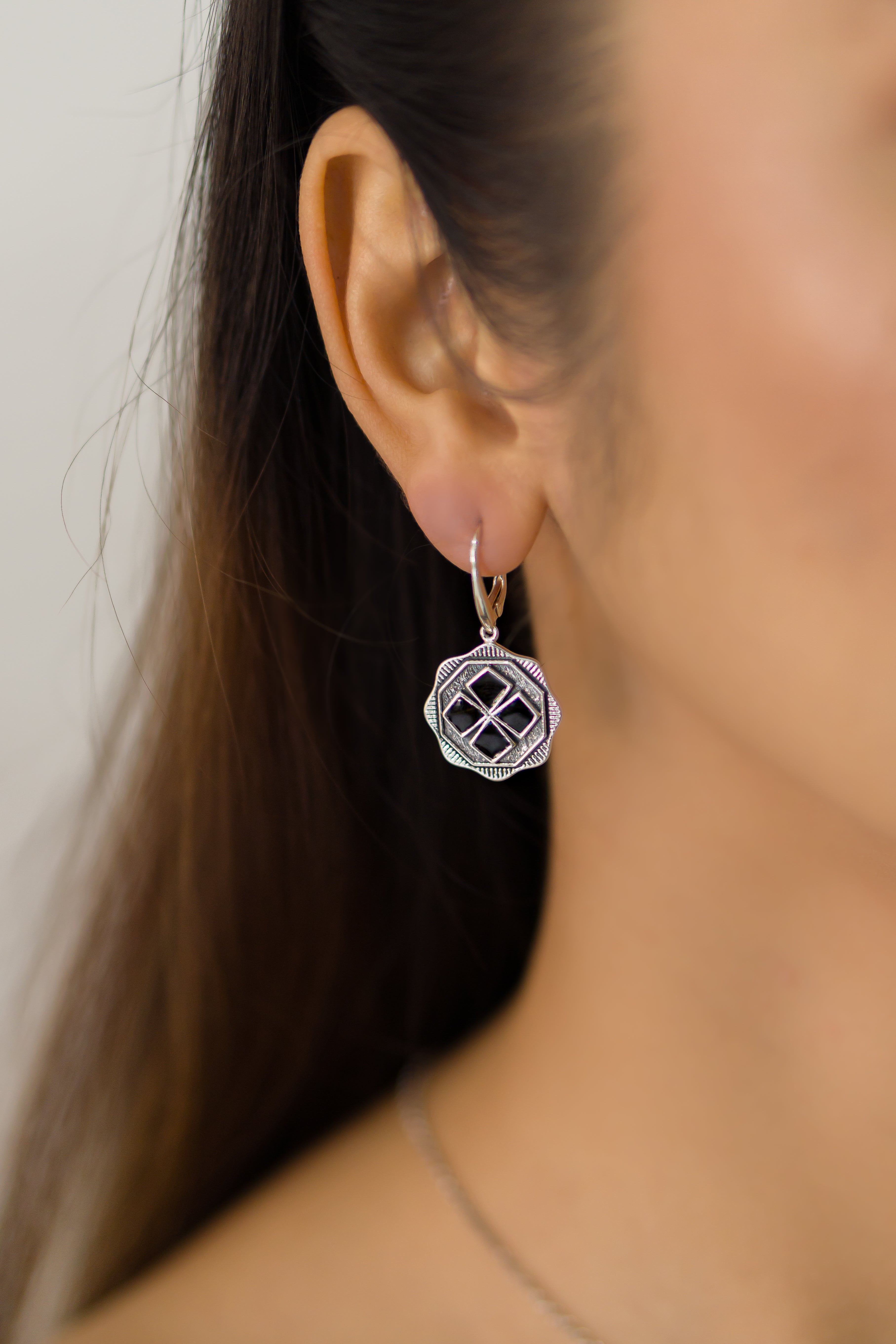 HEXA BLACK ENAMEL LONG EARRINGS OXIDISED