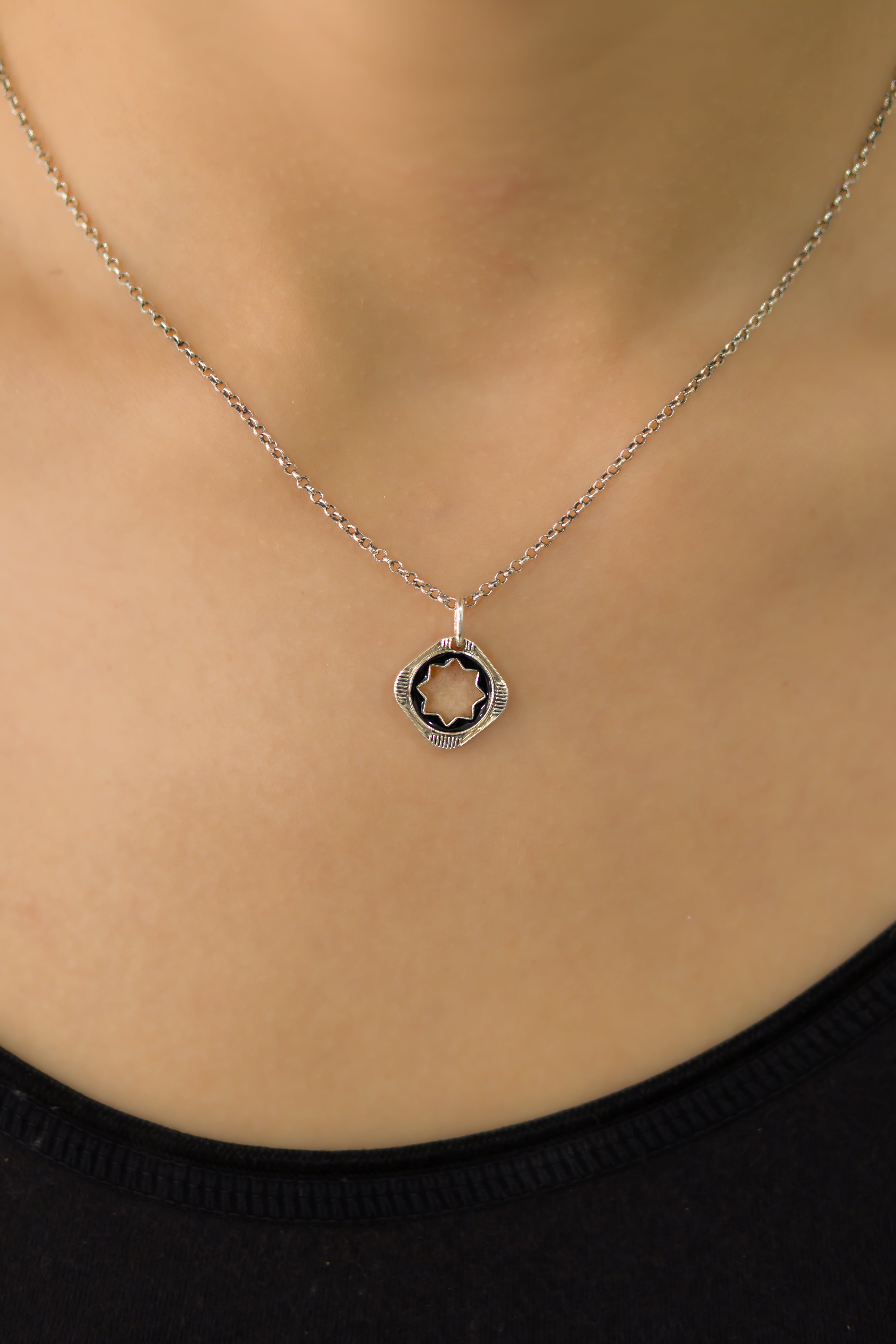 QUADRI STAR BLACK ENAMEL PENDANT WITH OXIDISED POLISH