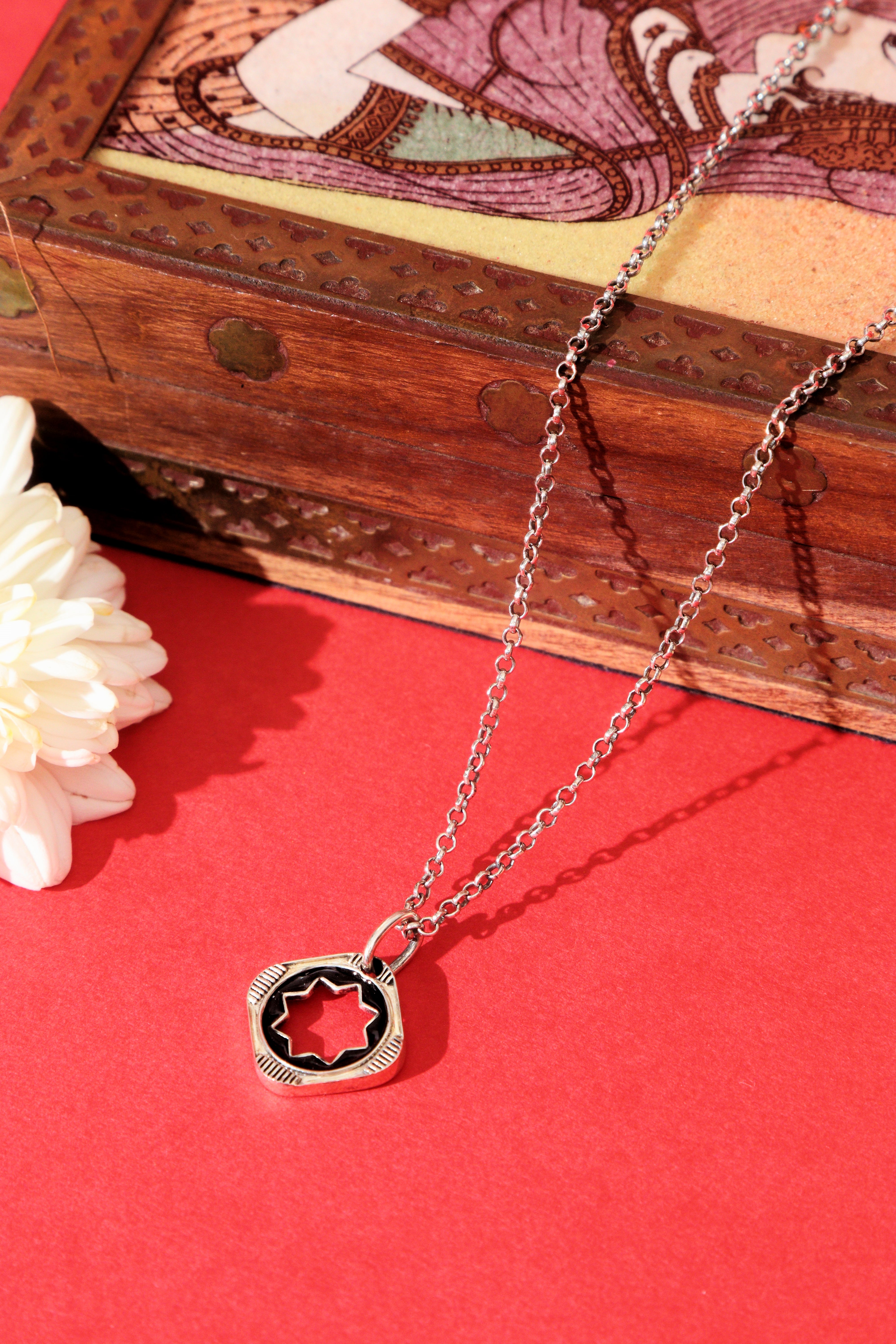 QUADRI STAR BLACK ENAMEL PENDANT WITH OXIDISED POLISH